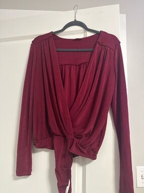 Free People Burgundy Wrap-Front Long Sleeve Bodysuit